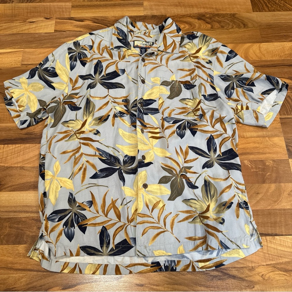 Havana Jacks Cafe Hawaiian Floral & Palm Print Button Down Shirt Size L